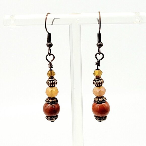 Artisan Handmade Red Jasper Beaded Earrings Antique Copper Drop Dangle Casual - Picture 1 of 4